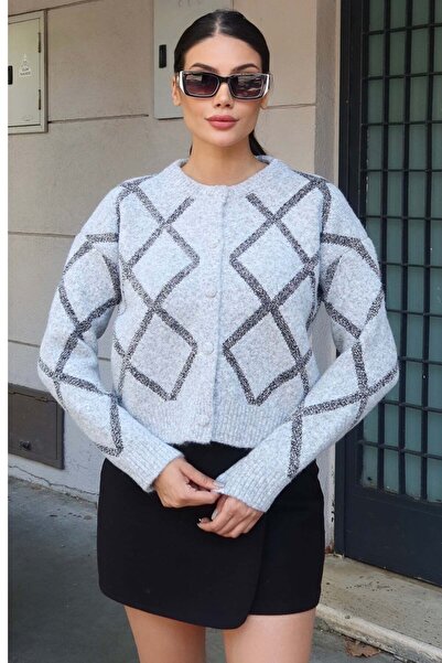 KECHİ WOMAN Baklava Patterned Buttoned Knitwear Cardigan - White