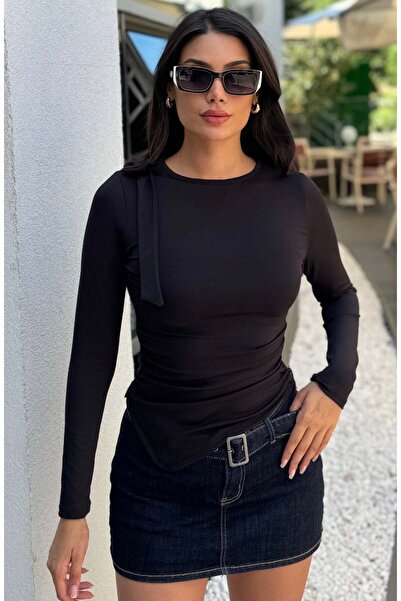 KECHİ WOMAN Asymmetrical Cut Blouse with Shoulder Ties — Black