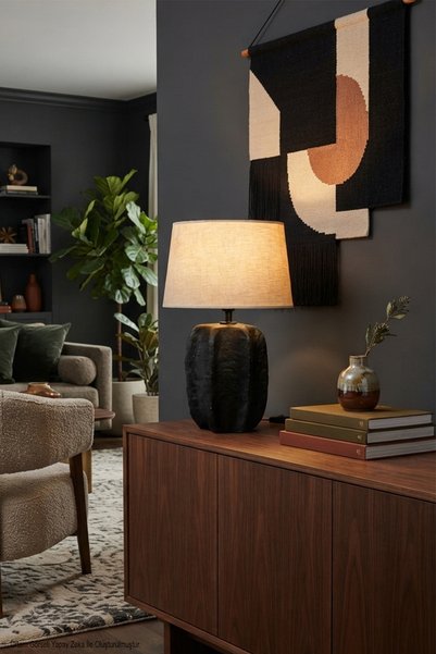 Modelight Ada Modern Dokulu Siyah Seramik Abajur - Dekoratif Salon ve Yatak O...