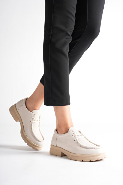 ANALİN SHOES حذاء نسائي من الجلد الطبيعي بنعل خفيف ورباط - كريمي