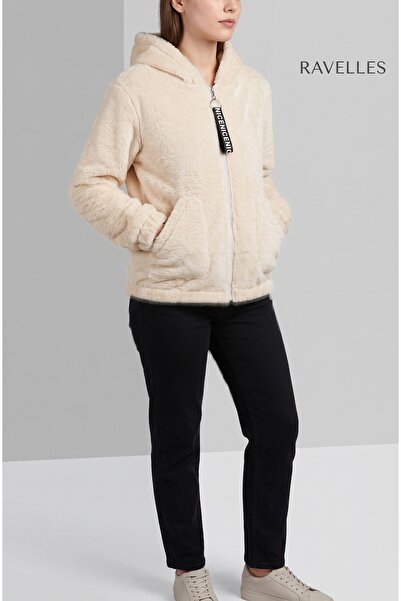 RAVELLES Women's Zipper Detailed Plush Fleece Hooded Coat / Sweatshirt