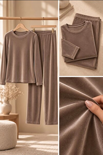 Lady Queen French Velvet Plain Long Sleeve Crew Neck Pajama Set