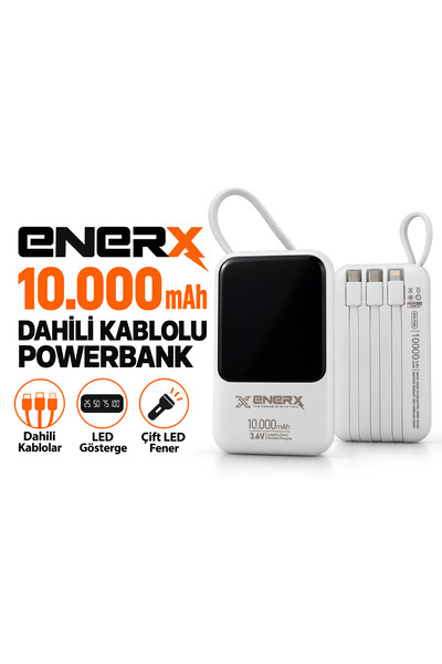 10000 mAh Dahili Kablolu Powerbank Type-C Lightning Micro USB LED Göstergeli Çift Fenerli Beyaz