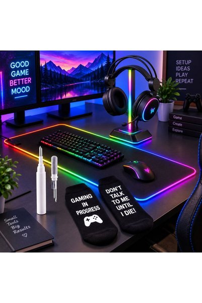 OEM Set de gaming 4 piese, Mousepad RGB 90x40 cm, Suport pentru căști, Kit de...