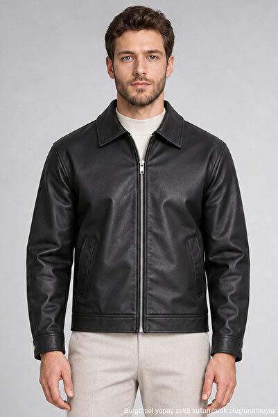 Freemen Men's Black Oversize Collared Faux Leather Jacket with Zipper Pockets