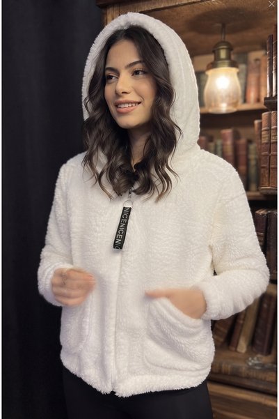 RAVELLES KADIN Fermuar Detaylı Peluş Polar Kapüşonlu Mont / Sweatshirt