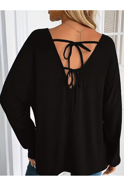 modaserdem Women's long sleeve v neck batwing sleeve lace up back viscose blouse
