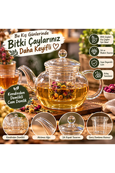 ALOTUHAFİYE Kendinden Demlikli Cam Demlik Bitki Çayı ve Kış Çayı Demleme Çayd...