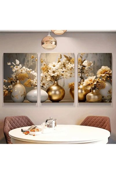 BellaaaModa Modern Kahve - Taba Tonlarında 3'lü Ahşap Tablo Seti - Tüy ve Çiç...
