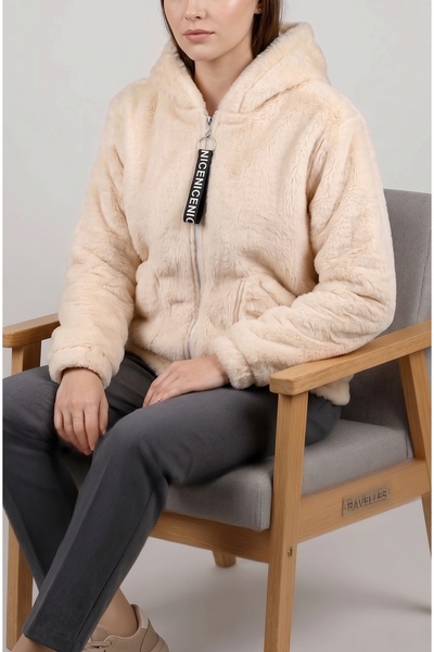 RAVELLES Women's Zipper Detailed Plush Fleece Hooded Coat / Sweatshirt