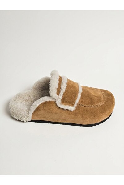 MW409 Taba Hakiki Süet Deri Loafer Dikişli Hakiki Deri Tüy Astar Mantar Taban Unisex Ortopedik Kışlık Sabo Terlik