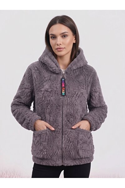 RAVELLES KADIN Fermuar Detaylı Peluş Polar Kapüşonlu Mont / Sweatshirt