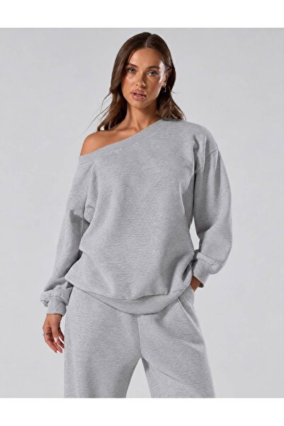 trendgar Gri Bol Asimetrik Yakalı Sweatshirt/ WideLeg/Geniş Paça Alt Eşofman Takımı
