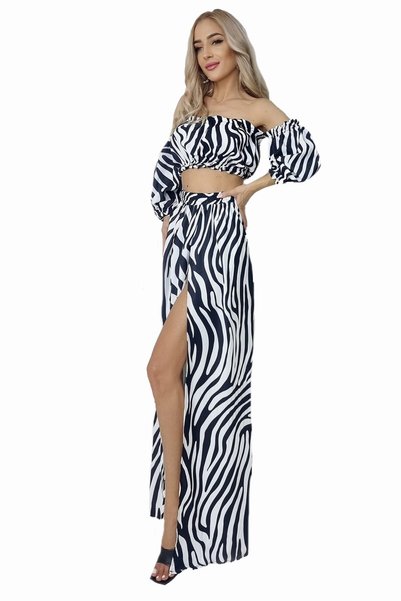 FY FashionForYou Set Naila fustă și top scurt, Zebră, Negru-Alb, Mărime universală S/M