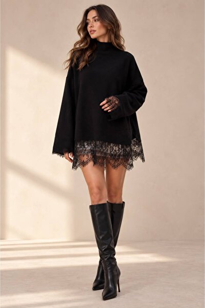 ÇILDIR ÖRME Women's Lace Detailed Oversize Half Turtleneck Knitwear Sweater