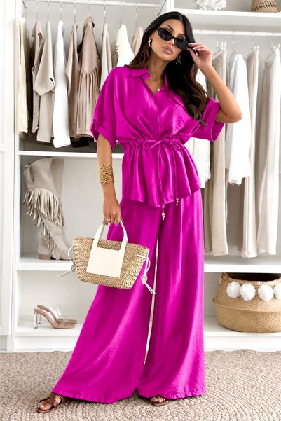 FY FashionForYou Set ușor de vară AZMIRA, cămașă tip kimono și pantaloni palazzo, Fucsia, Mărime universală S/M/L, FashionForYou