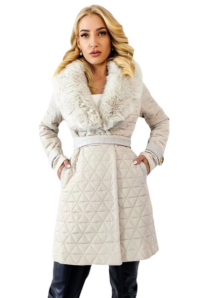 FY FashionForYou Palton matlasat de damă ILina, cu guler detașabil din blană ...