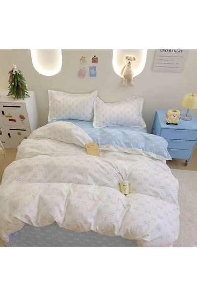 Pucioasa Home Lenjerie de pat 1 persoana Blue Bows 4 piese, cu cearceaf cu el...