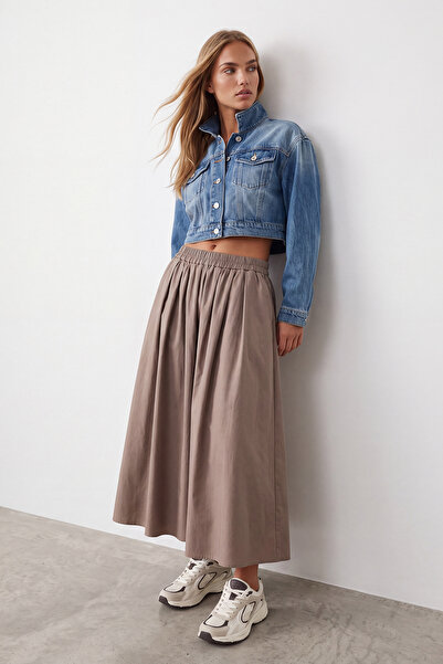 Trend Alaçatı Stili Women's Camel Elastic Waist Double Pocket Woven Skirt Alc...