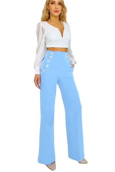 FY FashionForYou Pantaloni Palma eleganți cu talie înaltă, albastru deschis