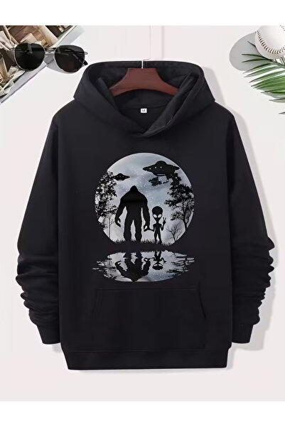one button Unisex Φούτερ με στάμπα Alien and Monster, Premium με κουκούλα, με...