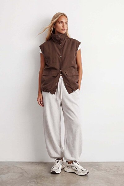 Trend Alaçatı Stili Kadın Kahverengi Oversize Trençkot Yelek Alc-X15621