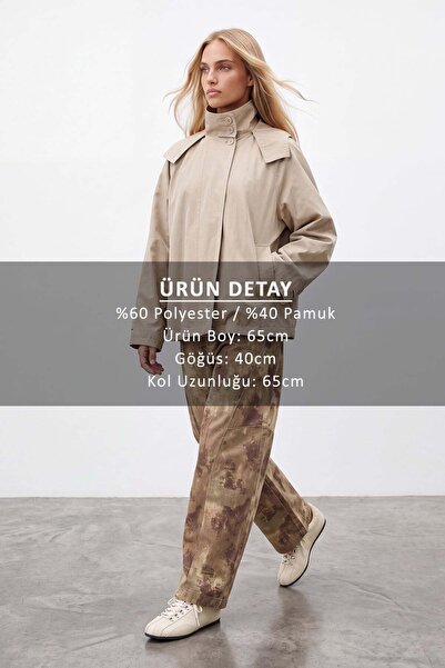 Trend Alaçatı Stili Kadın Bej Kapişonlu Gizli Patlı Oversize Trençkot Alc-X15637