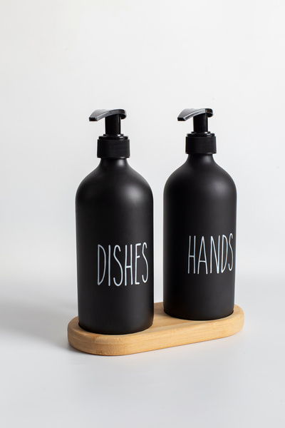 Karçiçeği Home Set of 2 Black Kitchen Liquid Soap Dispensers 500ml with Bambo...