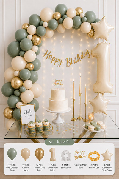 Parti Zamanı 1 Yaş Doğum Günü Balon Seti | Krem, Bej, Pastel Okaliptüs, Gold ...