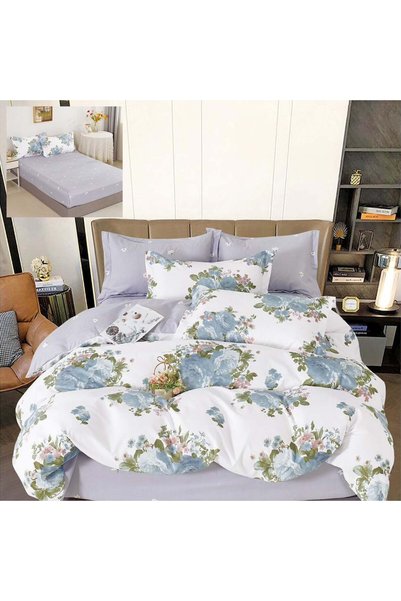 Pucioasa Home Lenjerie de pat cu elastic, finet, 6 piese, 2 persoane, alb/ble...