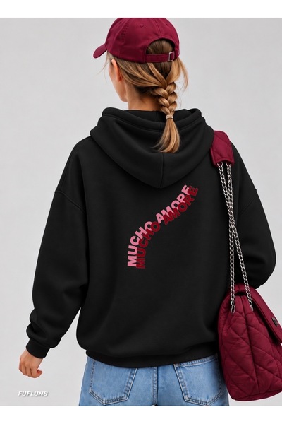 FUFLUNS Mucho Amore Sirt Printed Oversized Women's Hooded Sweatshirt