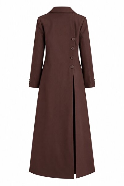 Laluvia Brown Buttoned Back Padded Gabardine Trench Coat with Slit Detail - 2...