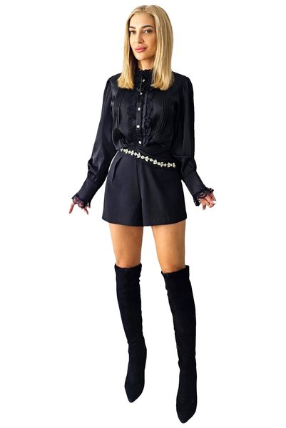 FY FashionForYou Pantaloni scurți eleganți EAGLE, accesorizați cu cristale și detalii metalice, Negru, Mărimea S/M, FashionForYou
