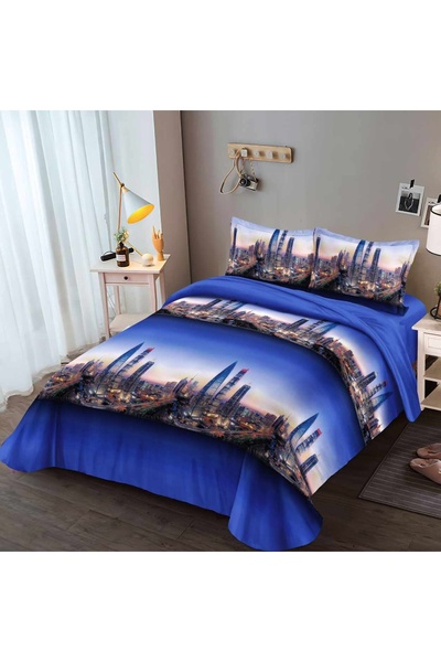 Pucioasa Home Lenjerie de pat cu imprimeu 3D, pat 2 persoane, 4 piese, albast...
