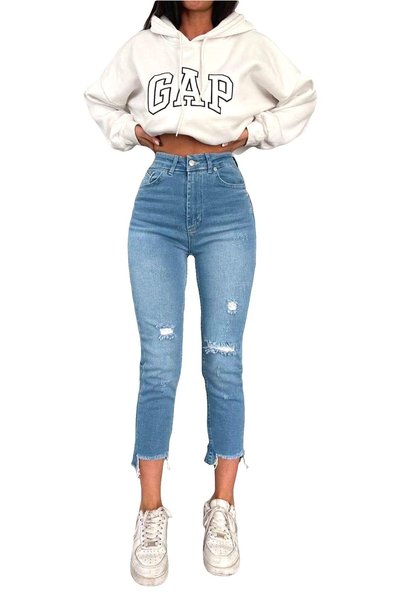 FY FashionForYou Blugi elastici de damă CANCUN, croială mom slim fit cu perfo...