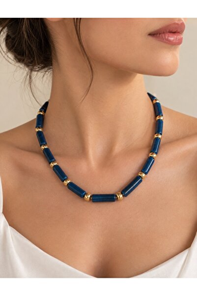 BEBİ BİJUTERİ Blue Gold Detailed Acrylic Tube Bead Necklace
