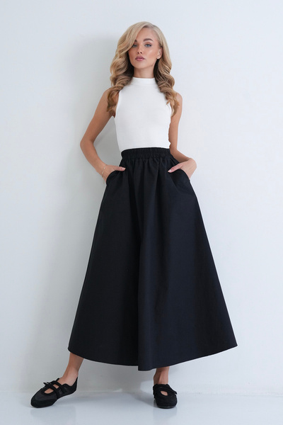 Trend Alaçatı Stili Women's Black Elastic Waist Double Pocket Woven Skirt Alc...