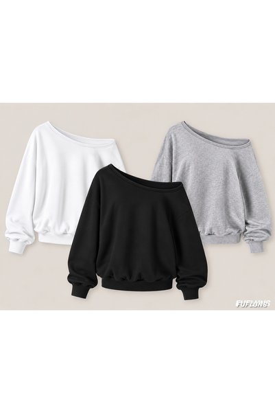FUFLUNS Printed 3-Pack Black-White-Grey Color Oversize Women's Boat Neck Swea...