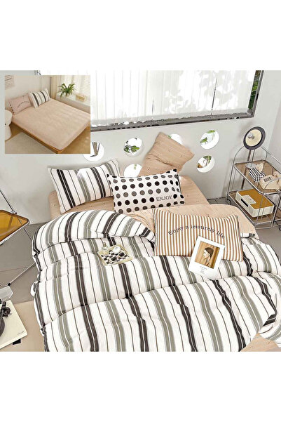 Pucioasa Home Lenjerie de pat cu elastic, finet, 6 piese, 2 persoane, alb/bej...