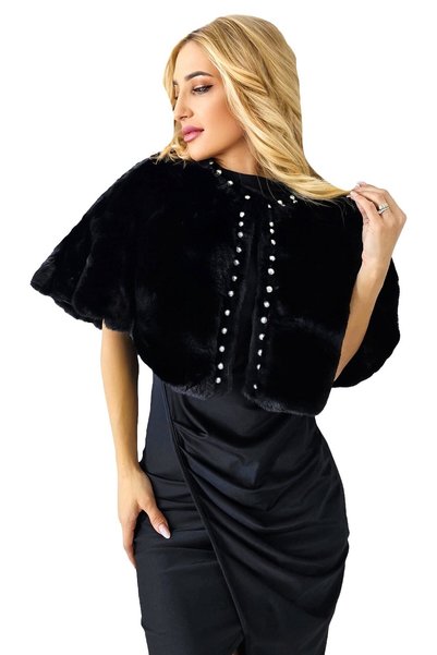 FY FashionForYou Bolero tip pelerină Valeria, blană ecologică cu perle și înc...
