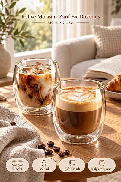 Berdina Home 2’li Çift Cidarlı Cam Bardak Seti Kahve Çay Latte Cappuccino Kulpsuz Modern Sunum Bardakları 250 ml