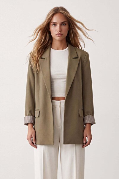 Trend Alaçatı Stili Women's Khaki Patterned Lined Blazer Jacket Alc-X15643