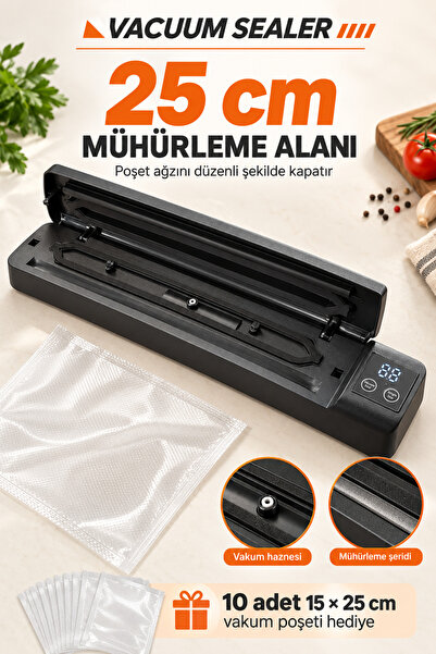 Vacuum Sealer LED Ekranlı Gıda Vakum Makinesi ve Poşet Yapıştırma Mühürleme Cihazı Vakum Poşeti Hediyeli