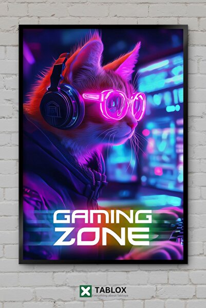tablomaxtbx Gamer Cat Neon Glasses Cat Gaming Zone Art Wall Decor Frame Appea...