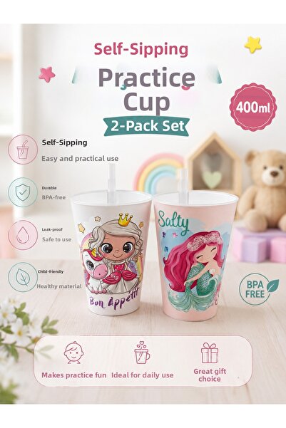 Dem Home قطعتان من أكواب شرب الماء والحليب للأطفال مع شفاطات، طراز الفتاة، كو...