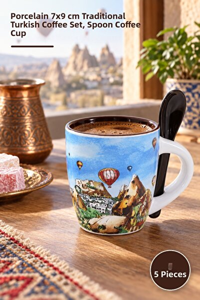 Yenilig 5 Pieces of Regional Coffee Cups with Spoons – Porcelain 7X9 Cm, Trad...