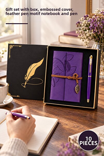 Yenilig 10 Pieces Purple Leaf Patterned Leather Notebook and Metal Rollerball...