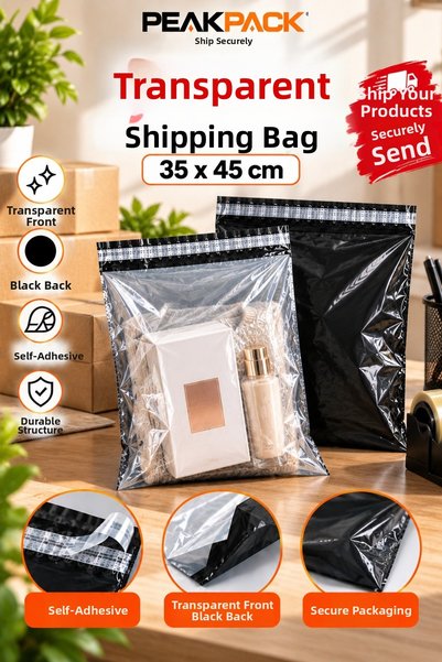 PEAKPACK Transparent Shipping Bag 35X45 cm Black Back Side Self-Adhesive 1000 Pieces Packaging Bag
