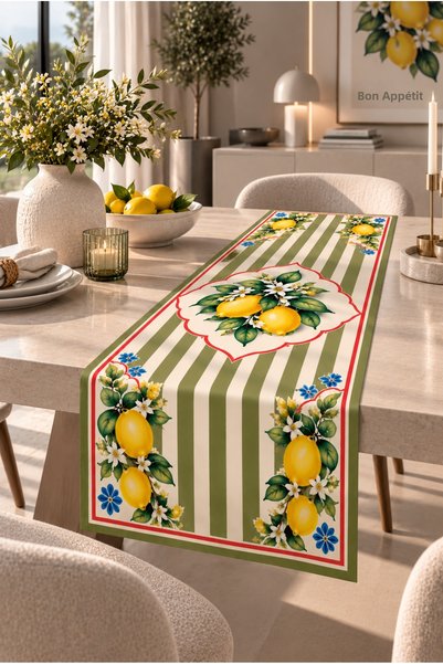 Nari Collections Mediterranean Lemon Patterned Striped Runner – 40X140 cm Dig...