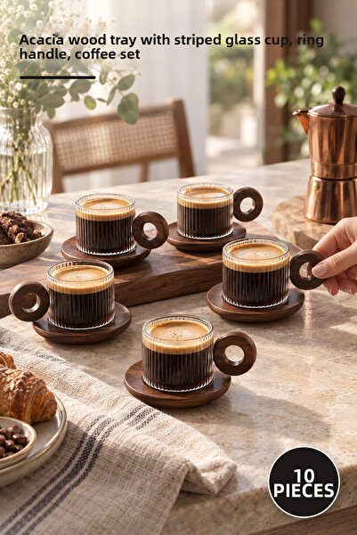 Yenilig 10 Piece Striped Acacia Coffee Set – Striped Glass Cup with Acacia Wo...